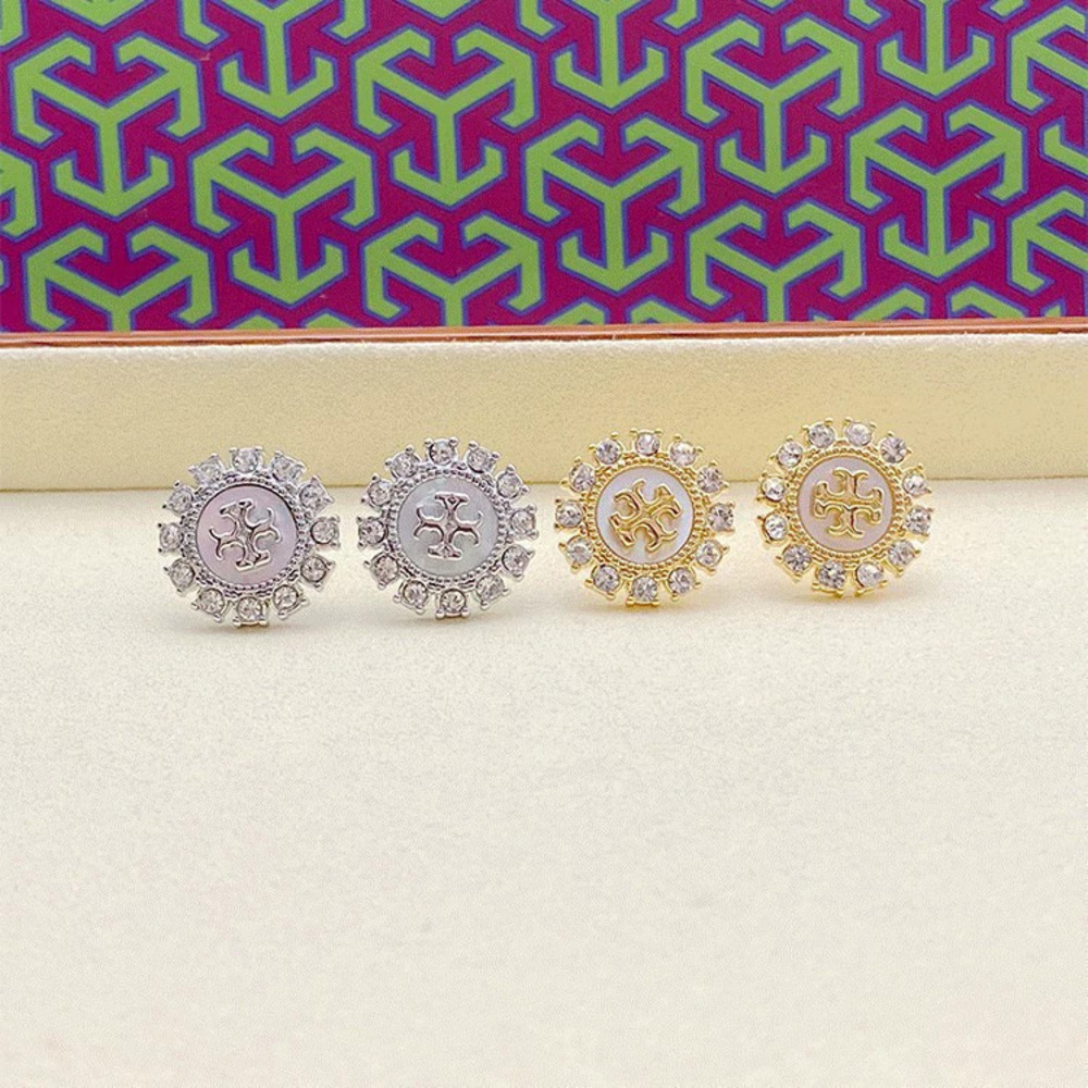 Tory Burch Vintage Shell Inlaid Crystal Stud Earrings